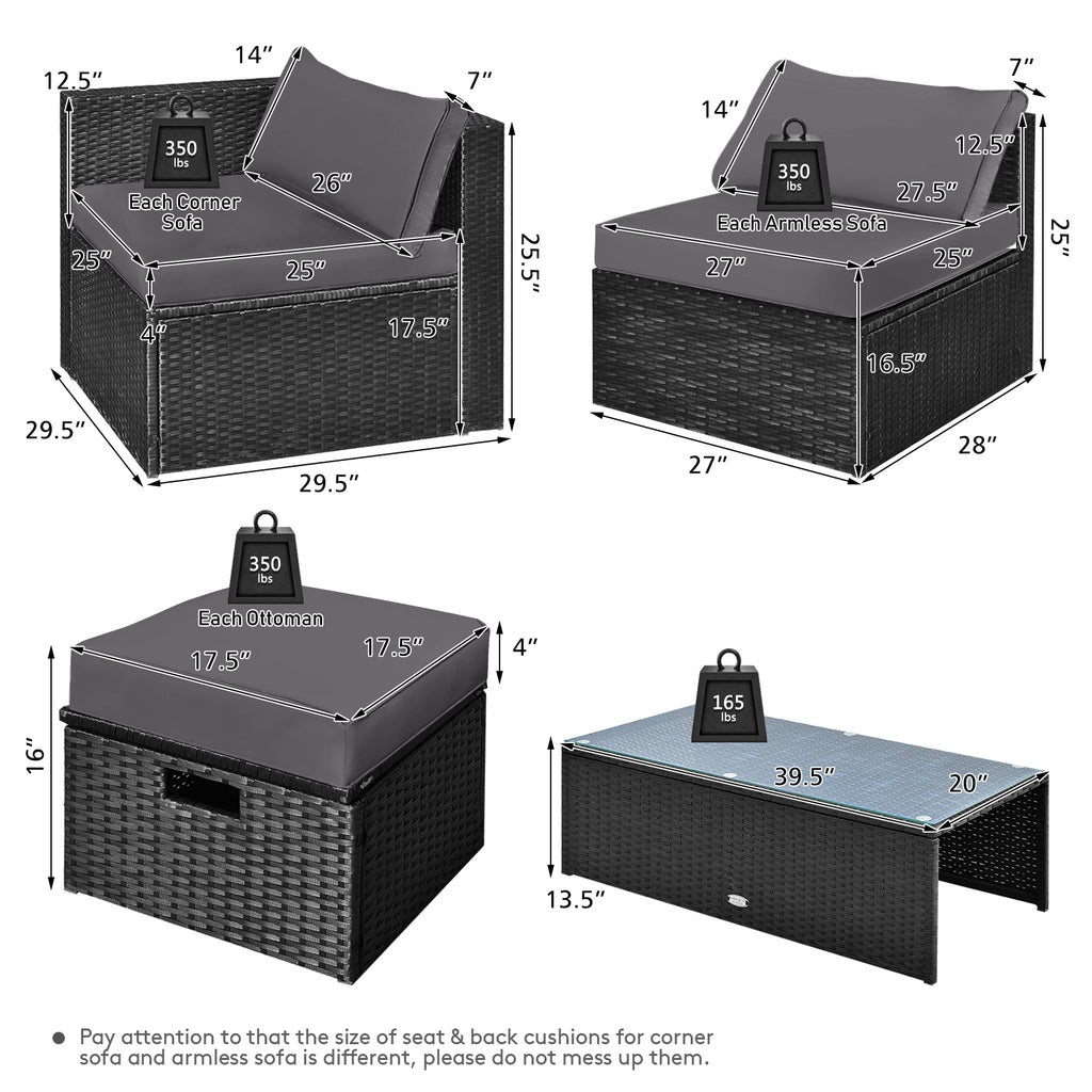8-Piece Patio Furniture Set with Storage Box & Cover - Black Rattan, Gray
