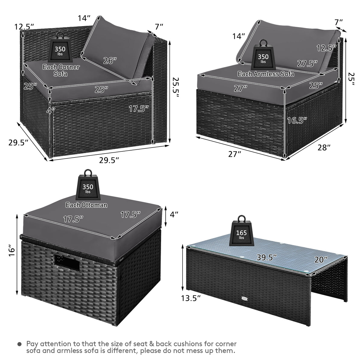 8-Piece Patio Furniture Set with Storage Box & Cover - Black Rattan, Gray