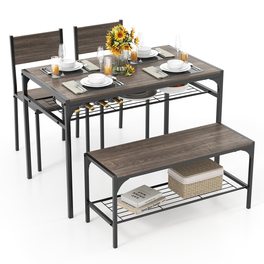 Industrial Dining Table Set with Storage, Bench & Chairs - Gray