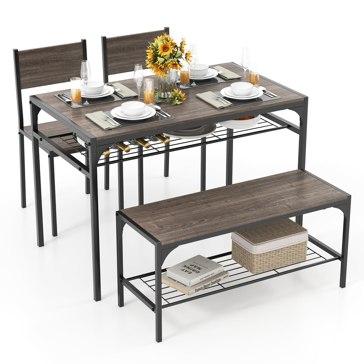 Industrial Dining Table Set with Storage, Bench & Chairs - Gray