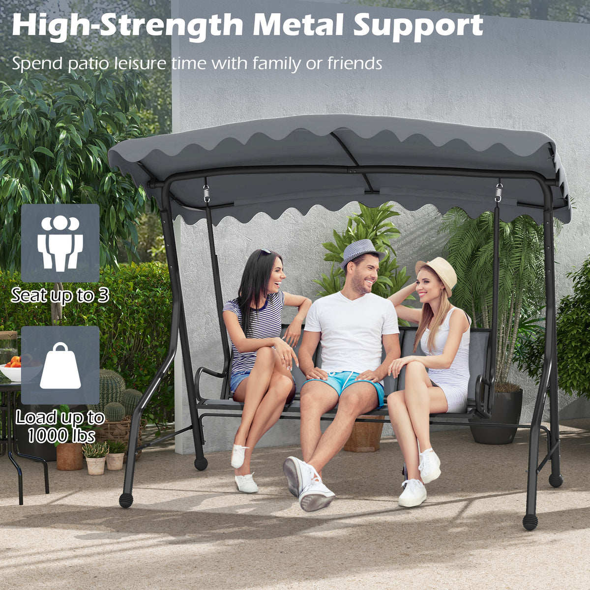 3-Seat Outdoor Porch Swing with Canopy - 61" x 18", Gray