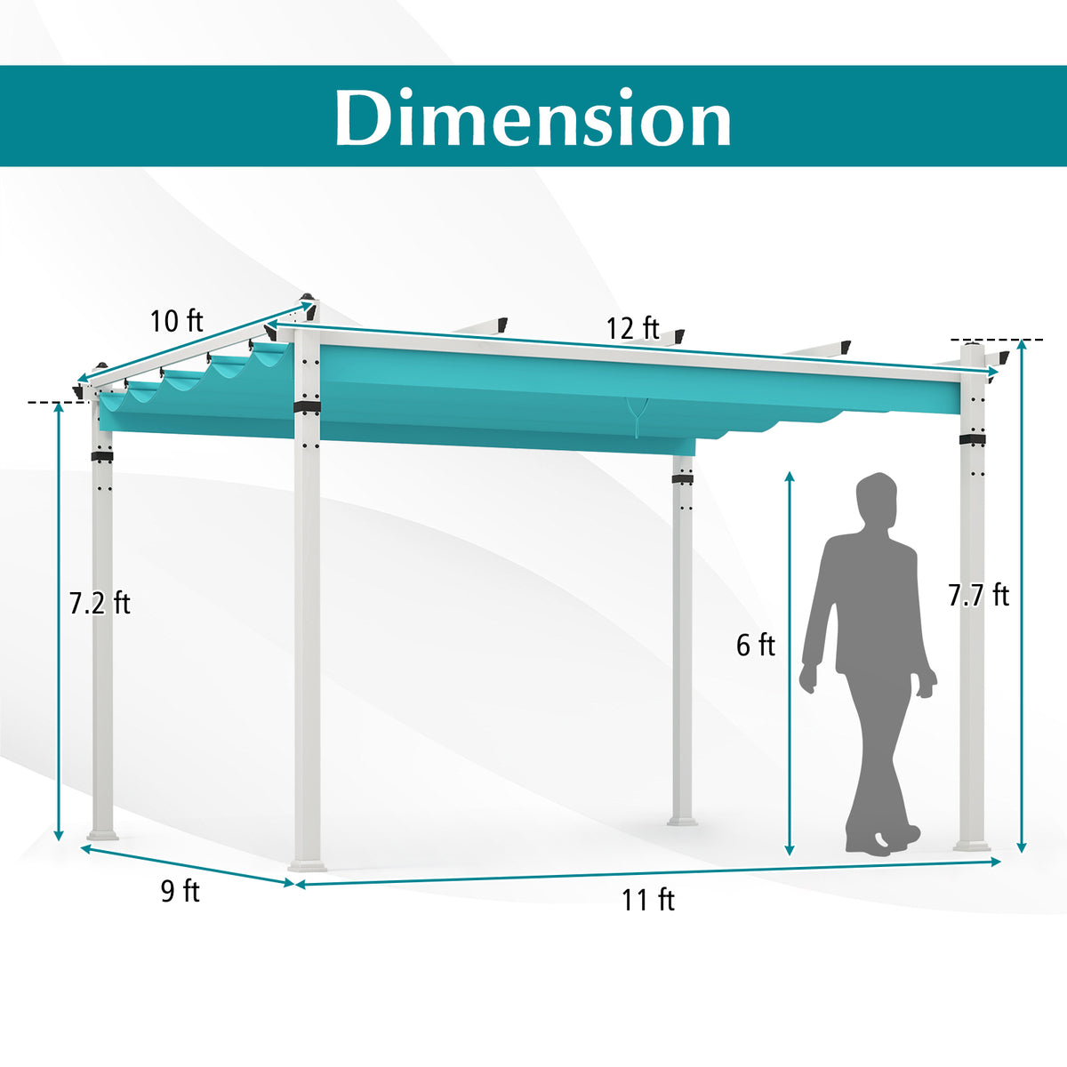 Outdoor Pergola with Retractable Canopy - 12 x 10 Feet, Turquoise