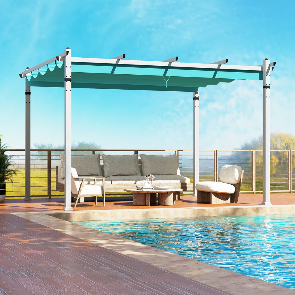 Outdoor Pergola with Retractable Canopy - 12 x 10 Feet, Turquoise