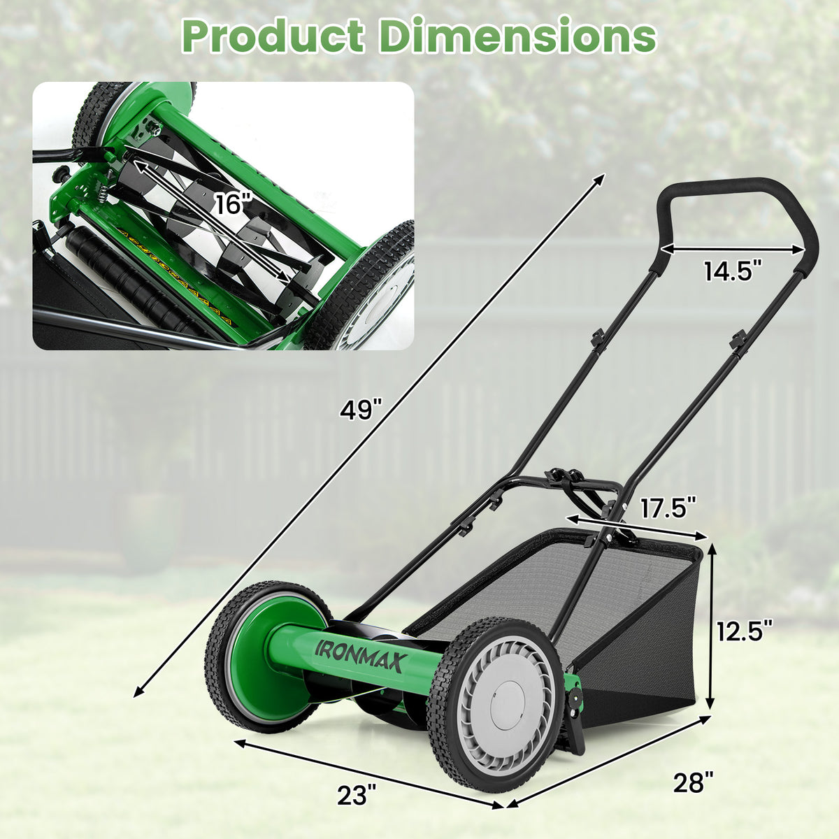 16 Inch Push Lawn Mower with 5 Blades & Grass Catcher - Green