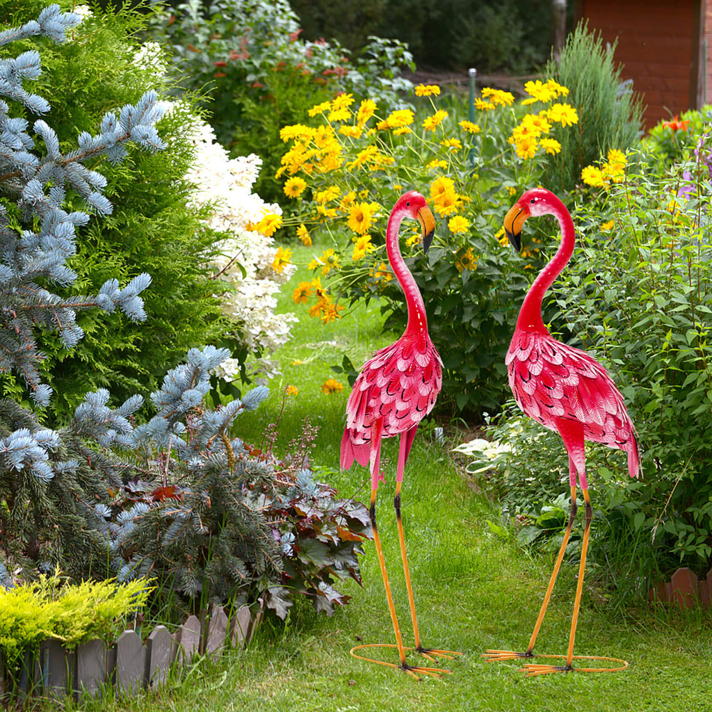 Flamingo Garden Statue Set - Rustproof Metal Lawn Ornaments with Stakes - 2 Pieces