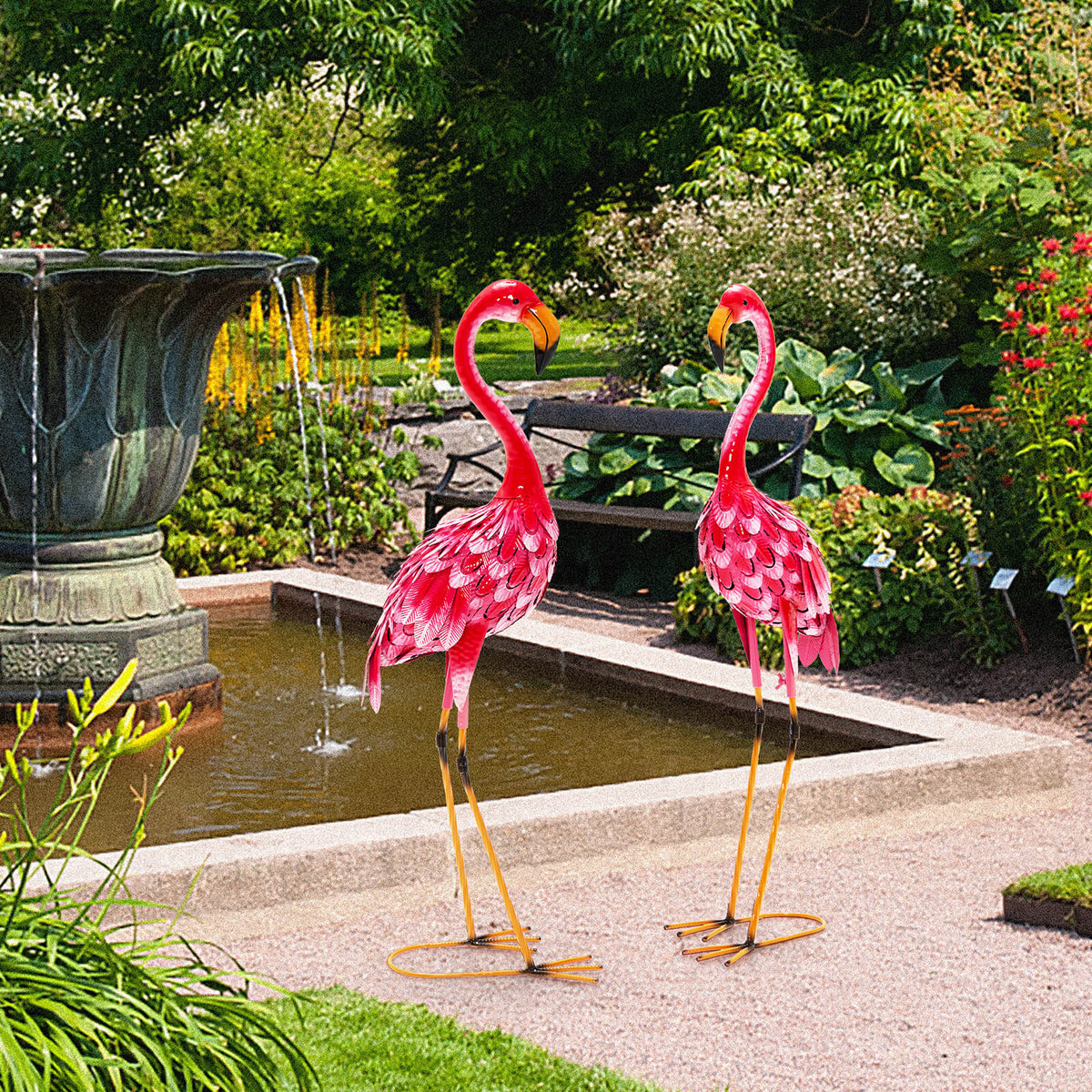 Flamingo Garden Statue Set - Rustproof Metal Lawn Ornaments with Stakes - 2 Pieces