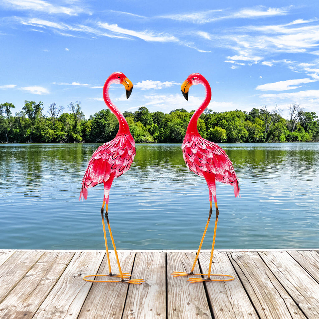 Flamingo Garden Statue Set - Rustproof Metal Lawn Ornaments with Stakes - 2 Pieces