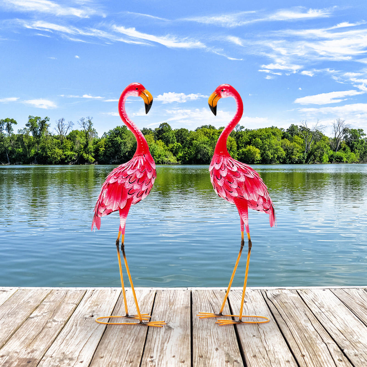 Flamingo Garden Statue Set - Rustproof Metal Lawn Ornaments with Stakes - 2 Pieces