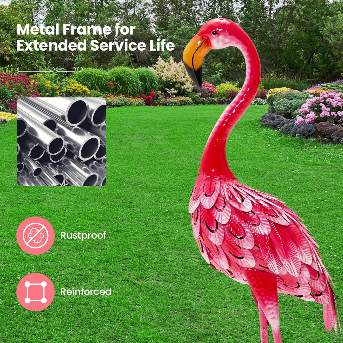 Flamingo Garden Statue Set - Rustproof Metal Lawn Ornaments with Stakes - 2 Pieces