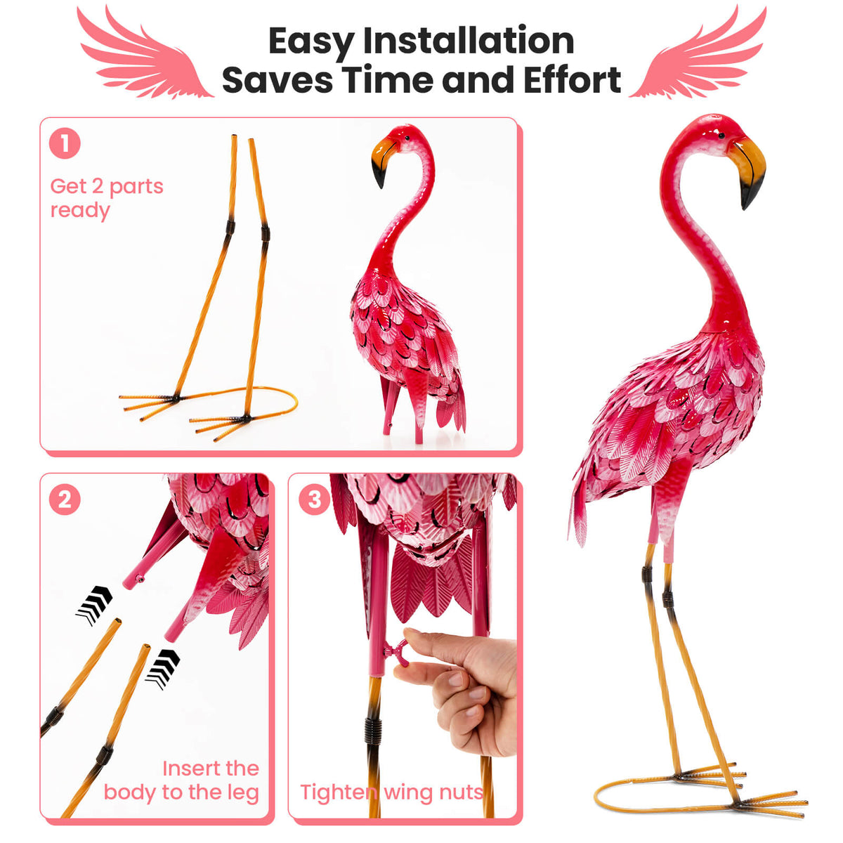 Flamingo Garden Statue Set - Rustproof Metal Lawn Ornaments with Stakes - 2 Pieces