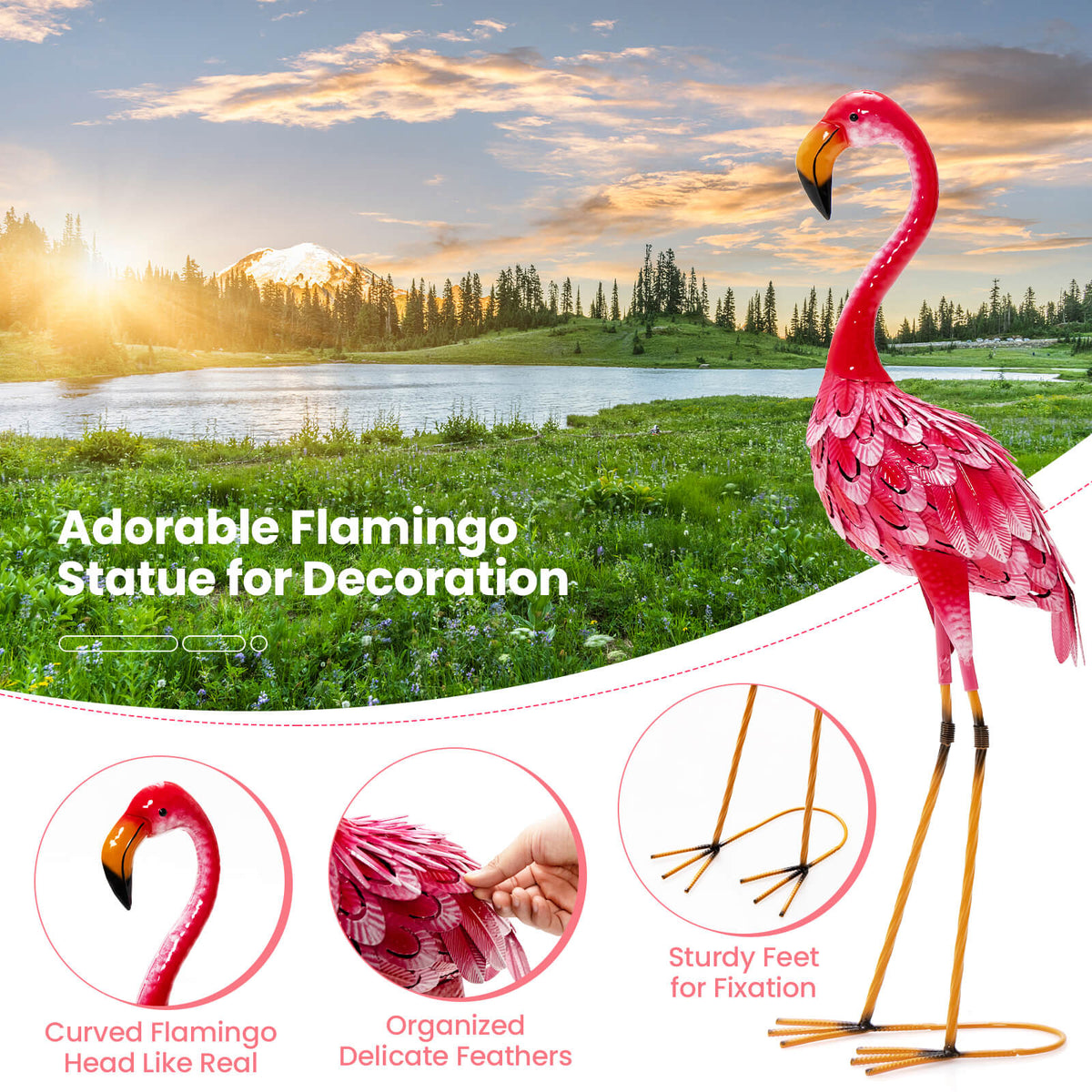 Flamingo Garden Statue Set - Rustproof Metal Lawn Ornaments with Stakes - 2 Pieces