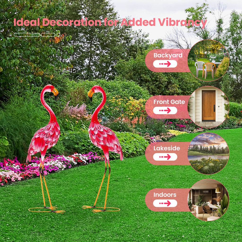 Flamingo Garden Statue Set - Rustproof Metal Lawn Ornaments with Stakes - 2 Pieces