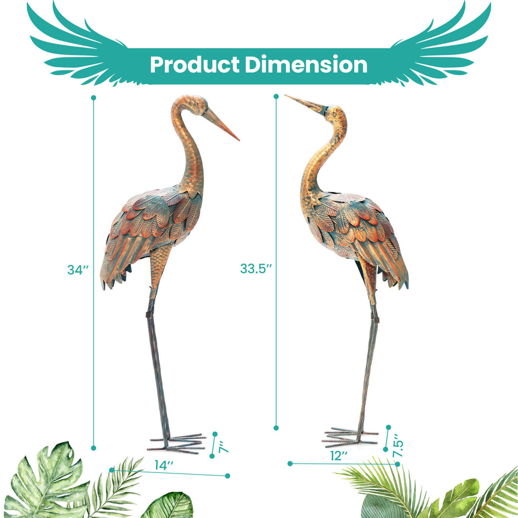 Set of 2 Standing Metal Crane Garden Statues Bird Sculpture with Stakes