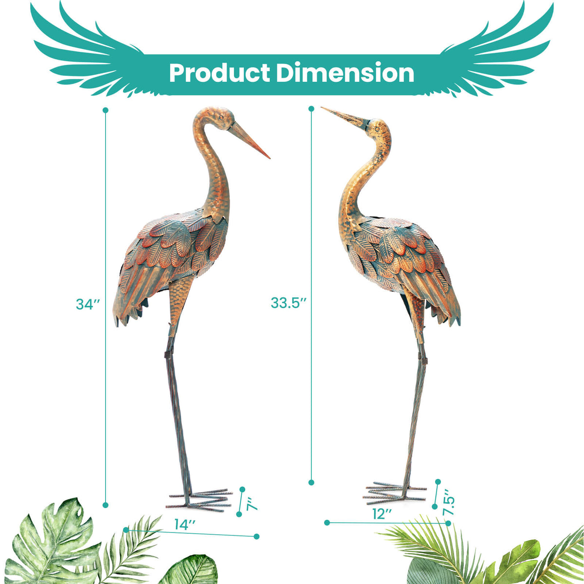 Set of 2 Standing Metal Crane Garden Statues Bird Sculpture with Stakes