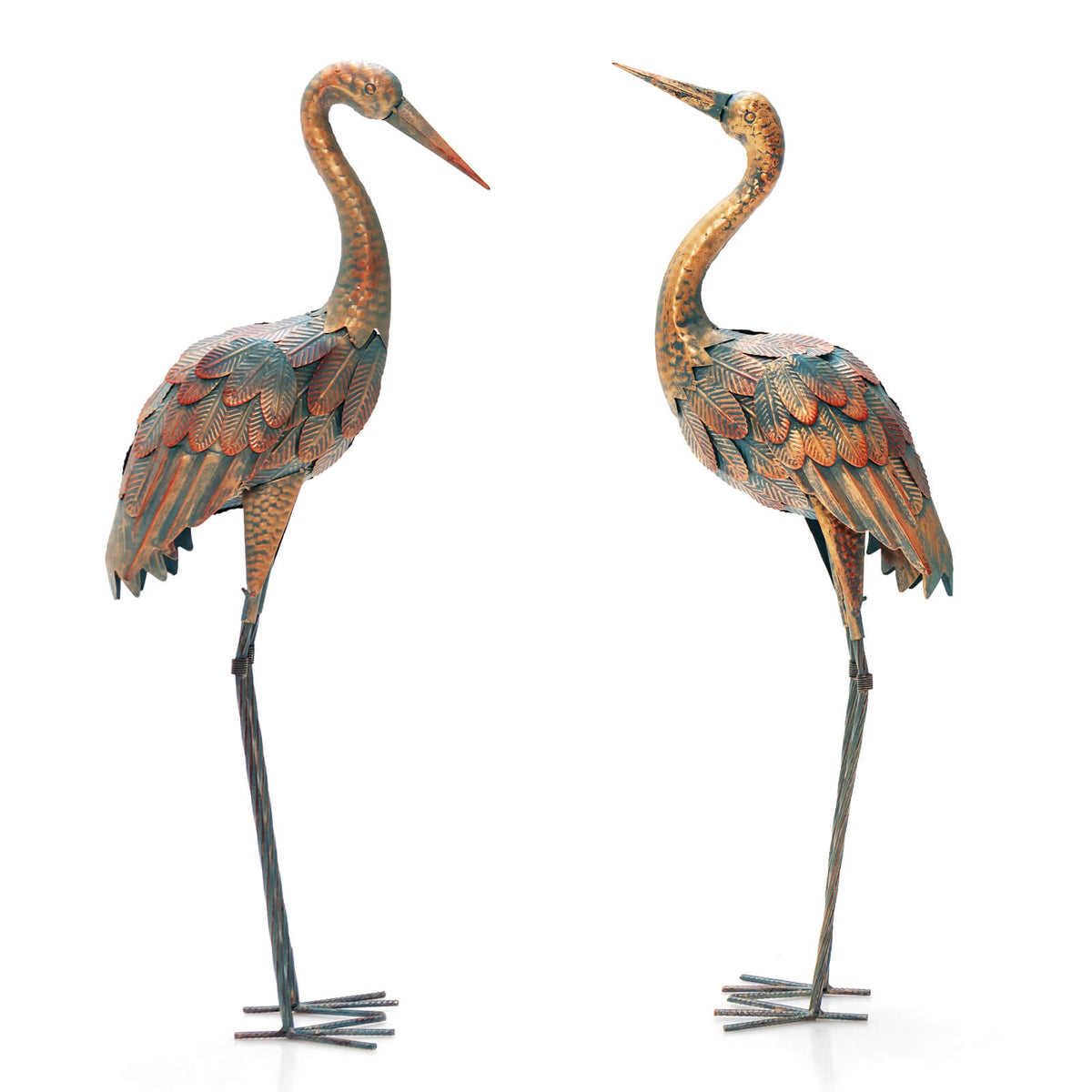 Set of 2 Standing Metal Crane Garden Statues Bird Sculpture with Stakes