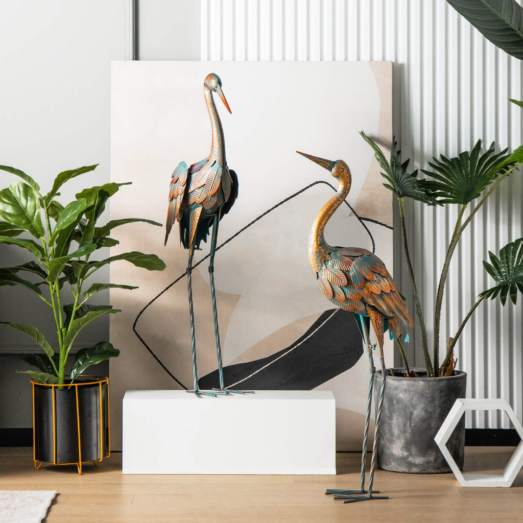 Set of 2 Standing Metal Crane Garden Statues Bird Sculpture with Stakes