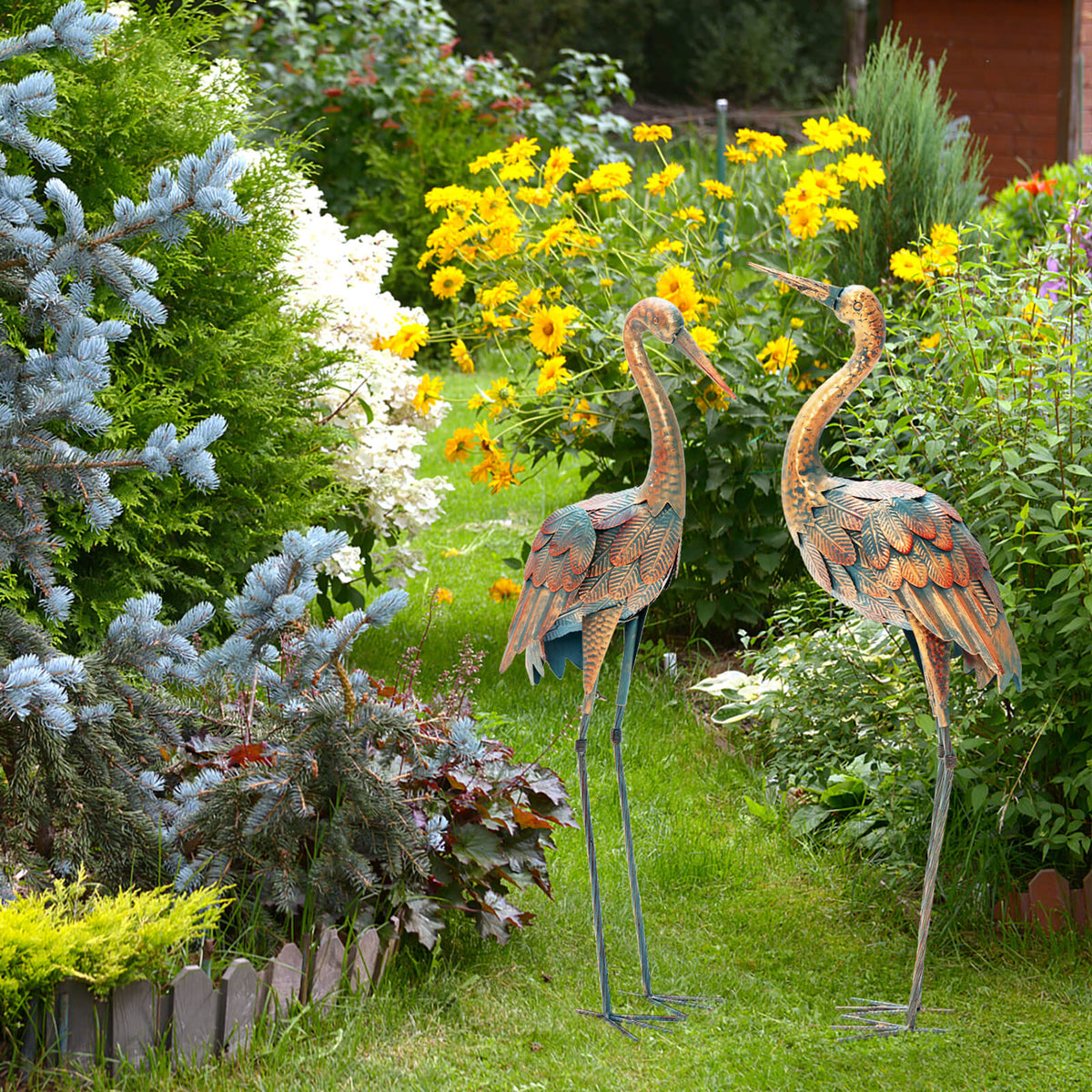 Set of 2 Standing Metal Crane Garden Statues Bird Sculpture with Stakes