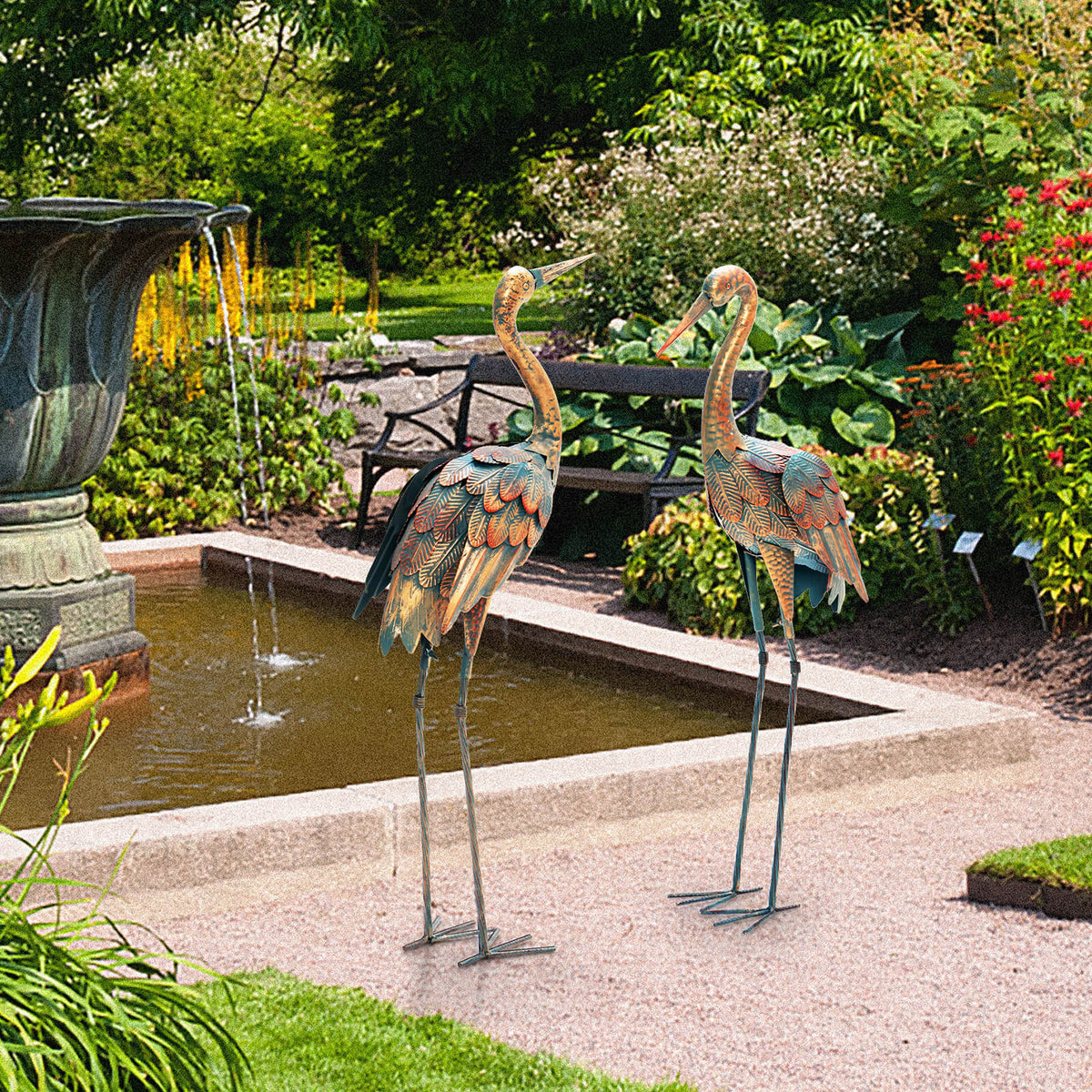 Set of 2 Standing Metal Crane Garden Statues Bird Sculpture with Stakes