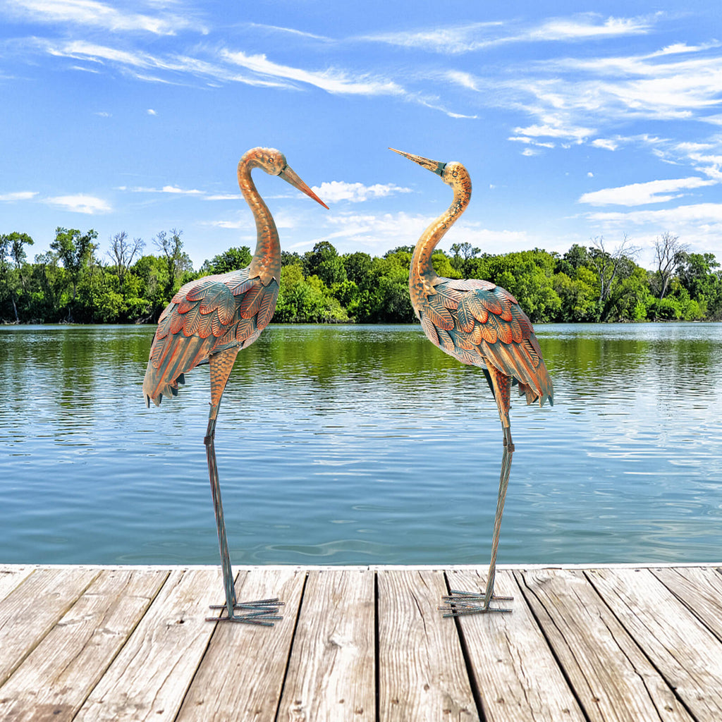 Set of 2 Standing Metal Crane Garden Statues Bird Sculpture with Stakes