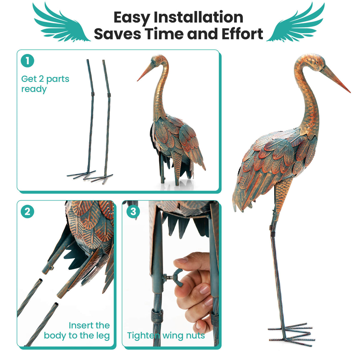 Set of 2 Standing Metal Crane Garden Statues Bird Sculpture with Stakes
