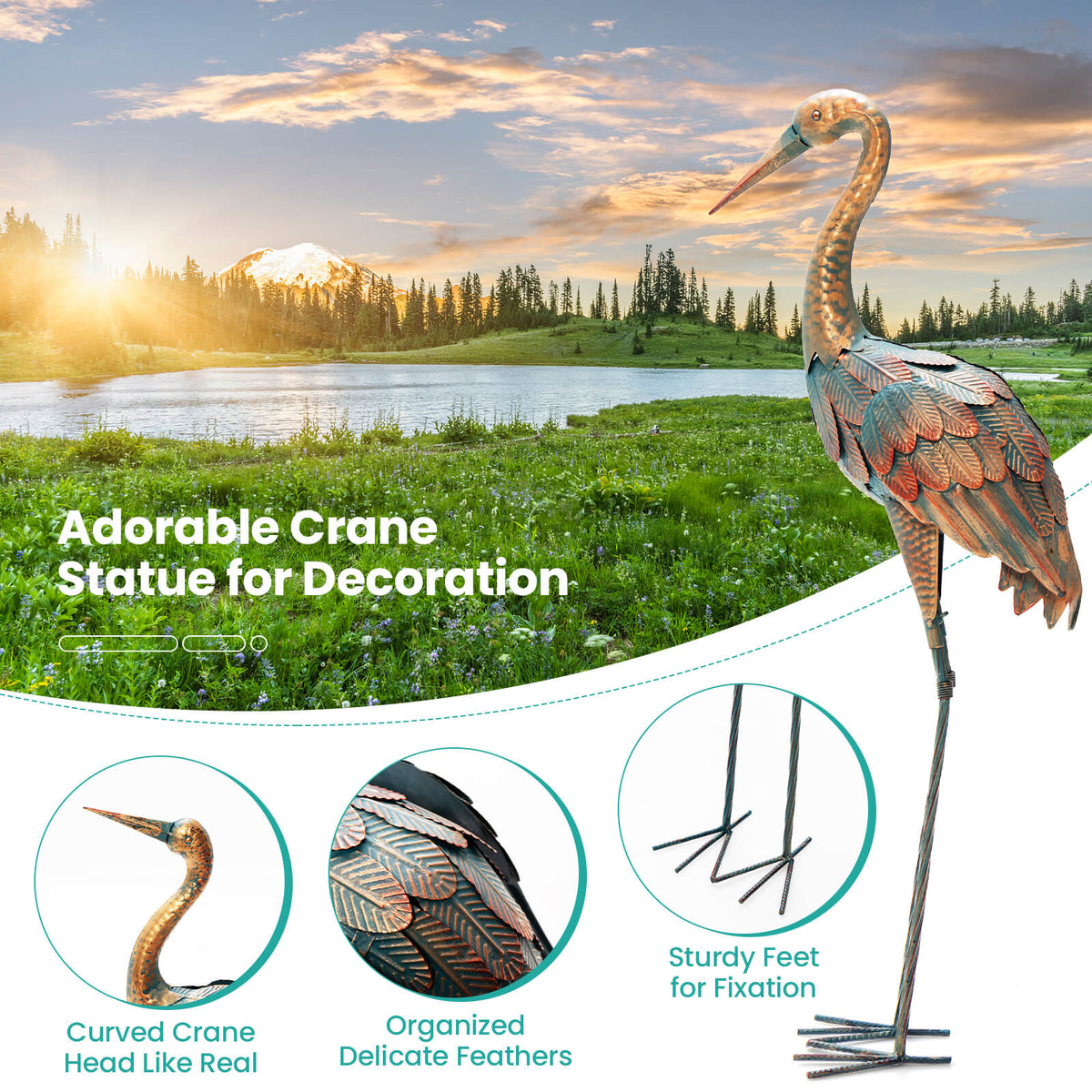 Set of 2 Standing Metal Crane Garden Statues Bird Sculpture with Stakes