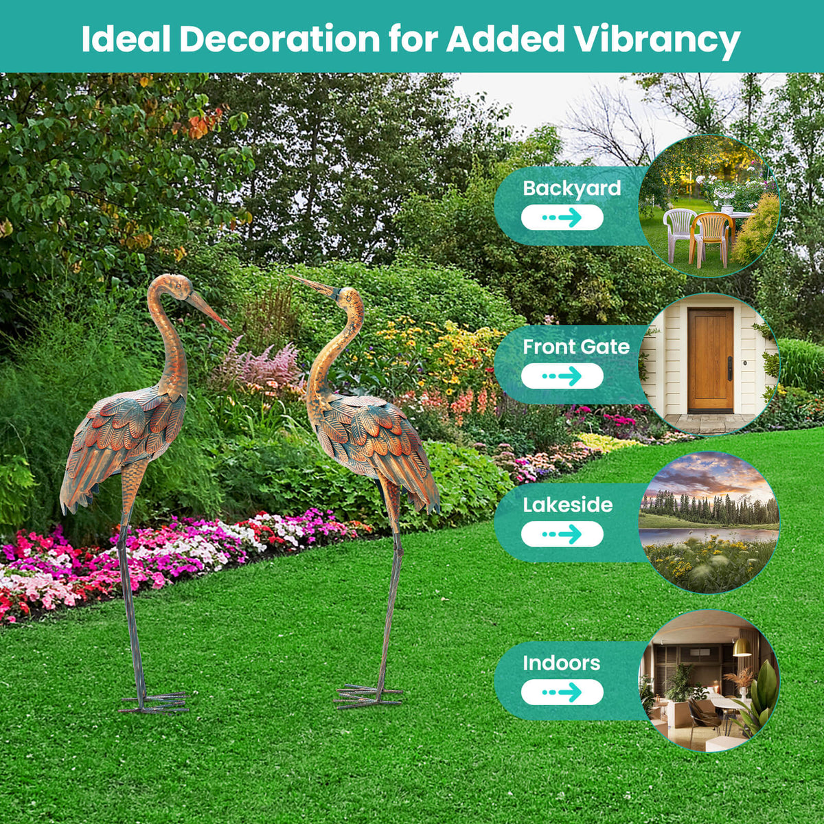 Set of 2 Standing Metal Crane Garden Statues Bird Sculpture with Stakes