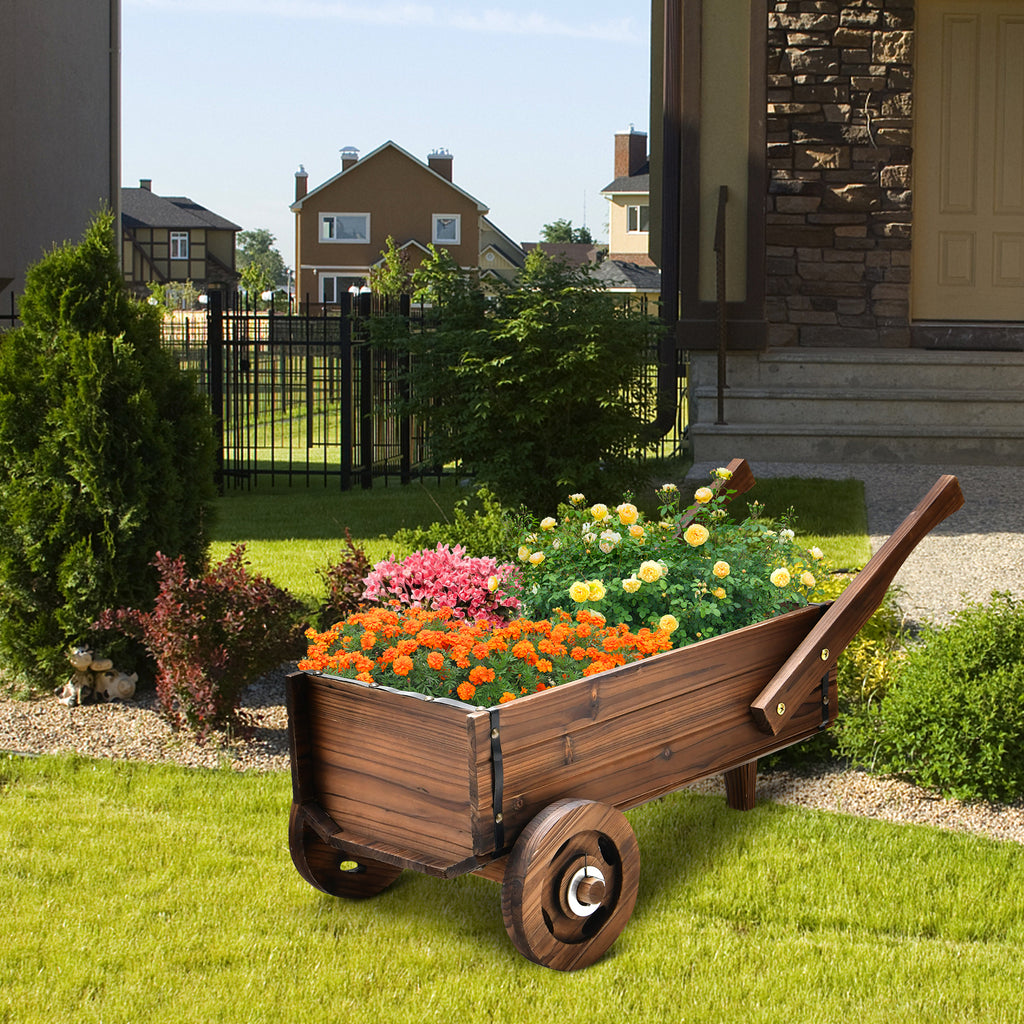 Wooden Wagon Planter Box with Wheels - Rustic Brown