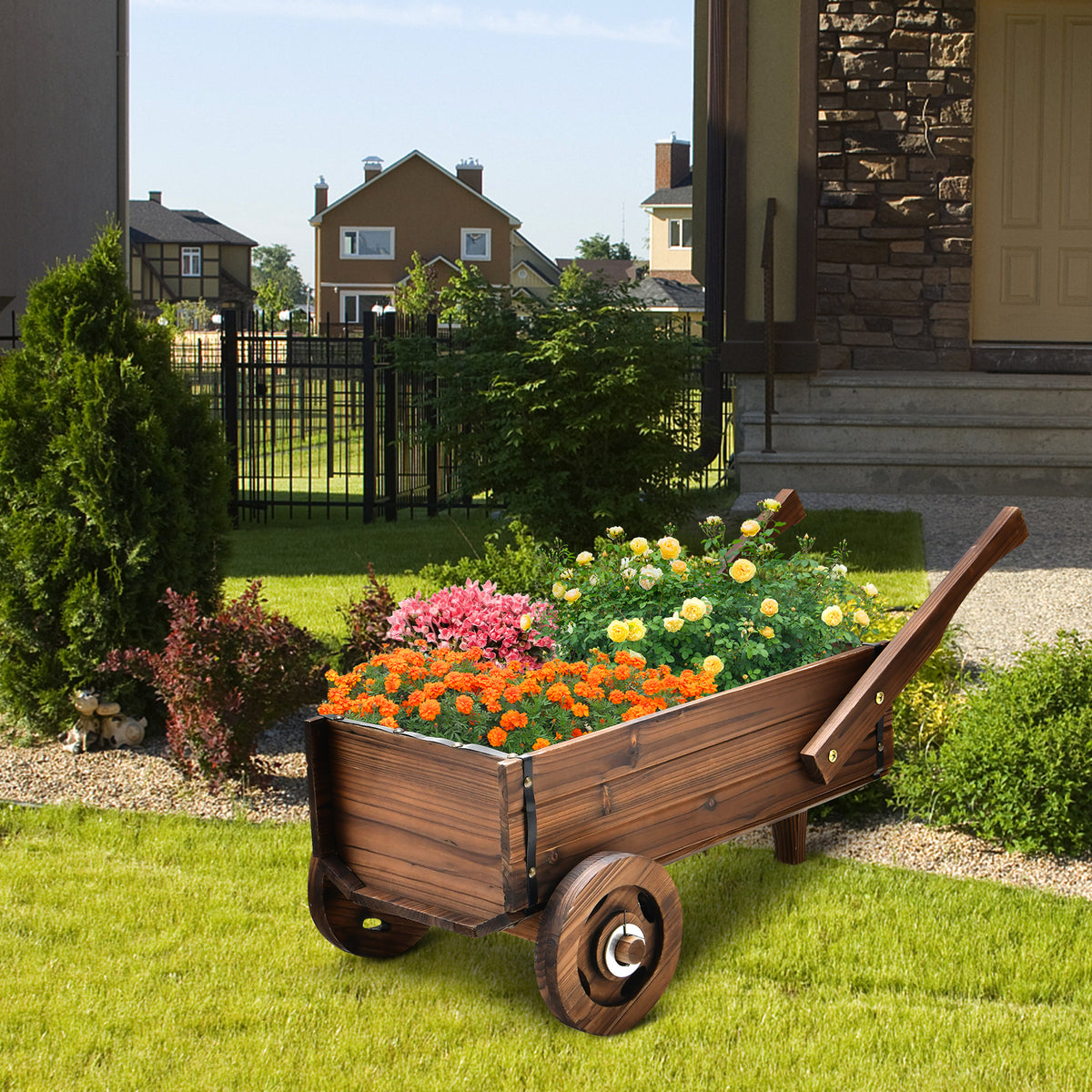 Wooden Wagon Planter Box with Wheels - Rustic Brown