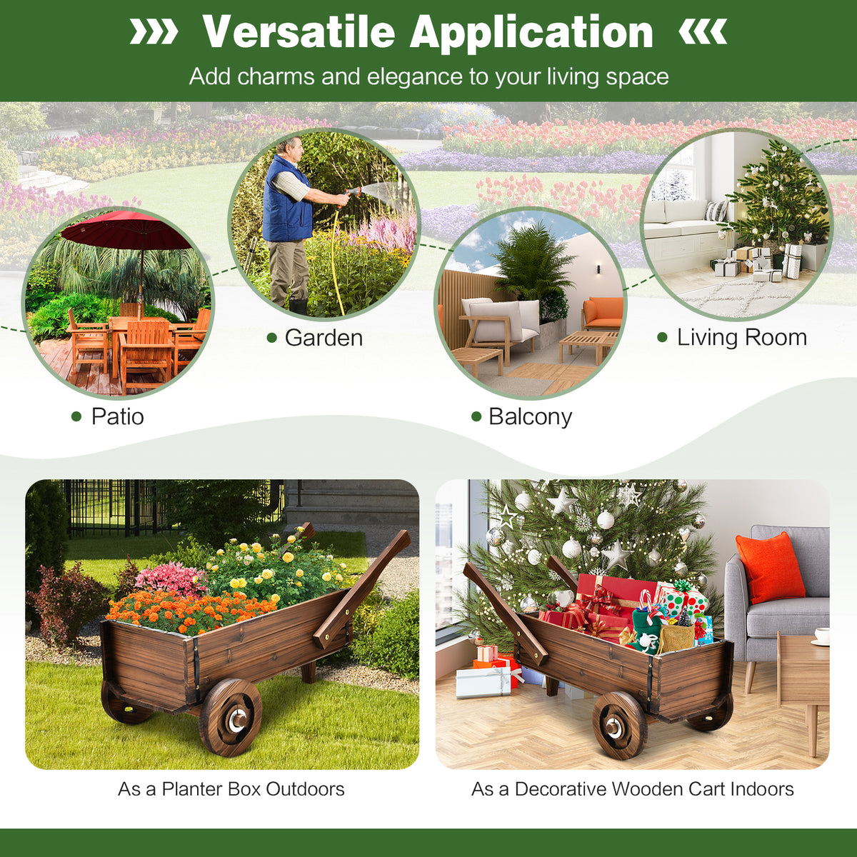 Wooden Wagon Planter Box with Wheels - Rustic Brown