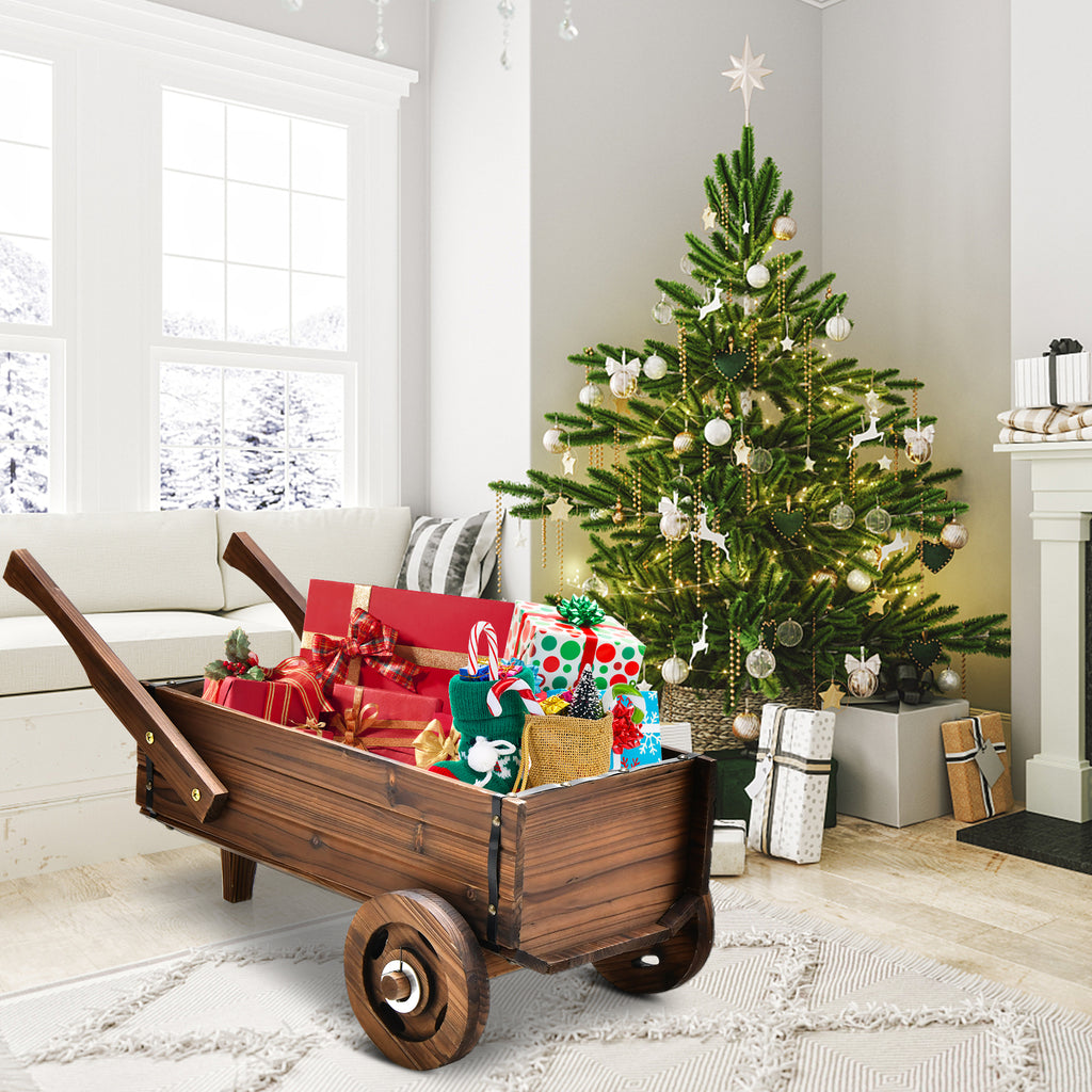 Wooden Wagon Planter Box with Wheels - Rustic Brown