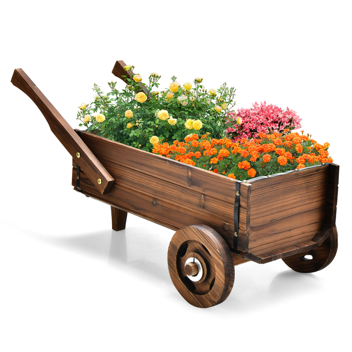 Wooden Wagon Planter Box with Wheels - Rustic Brown