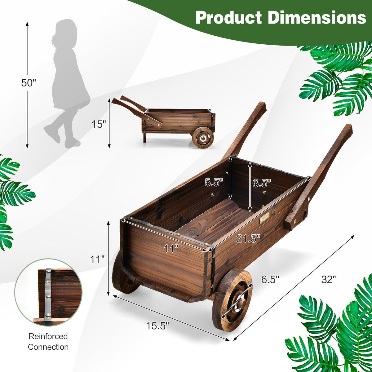 Wooden Wagon Planter Box with Wheels - Rustic Brown