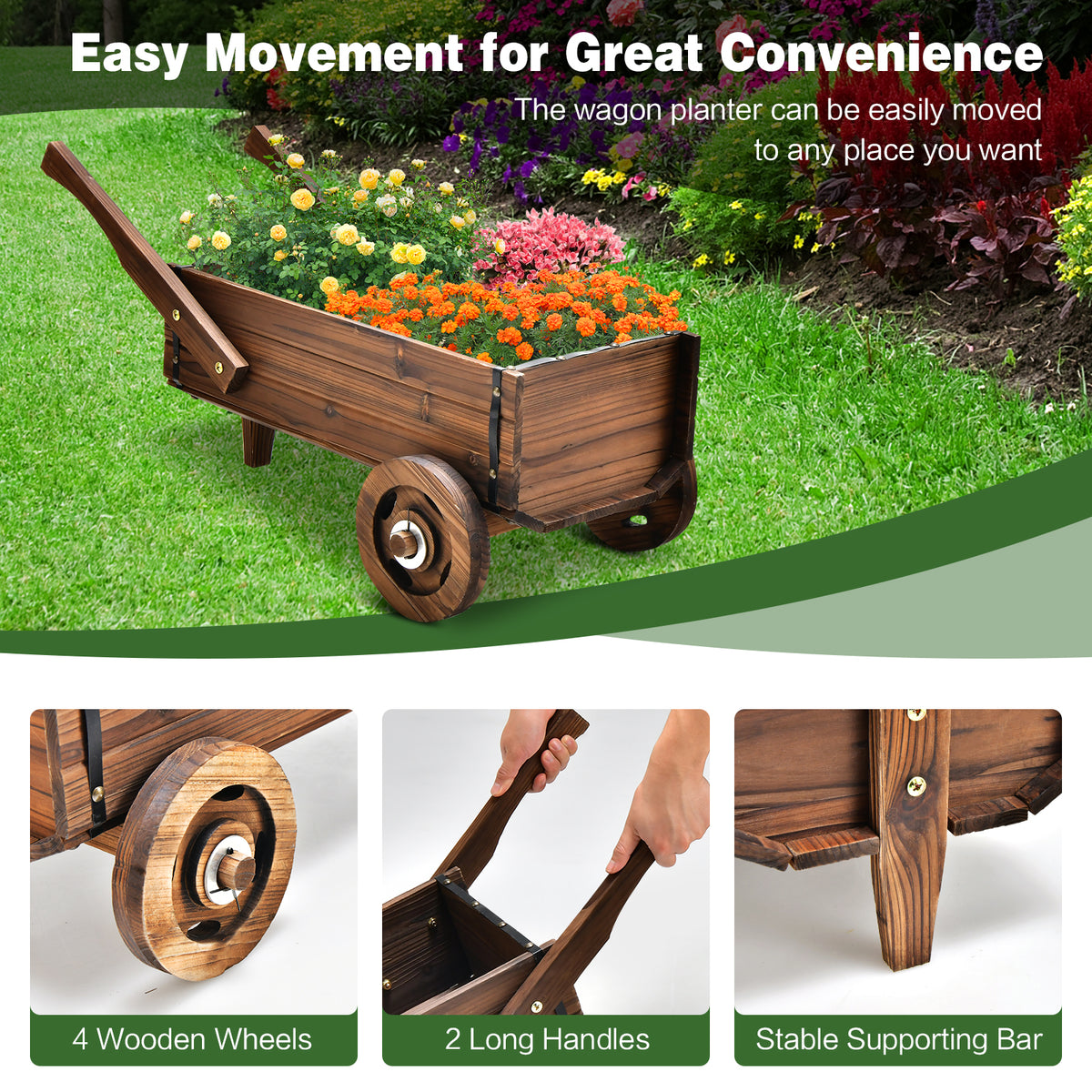 Wooden Wagon Planter Box with Wheels - Rustic Brown