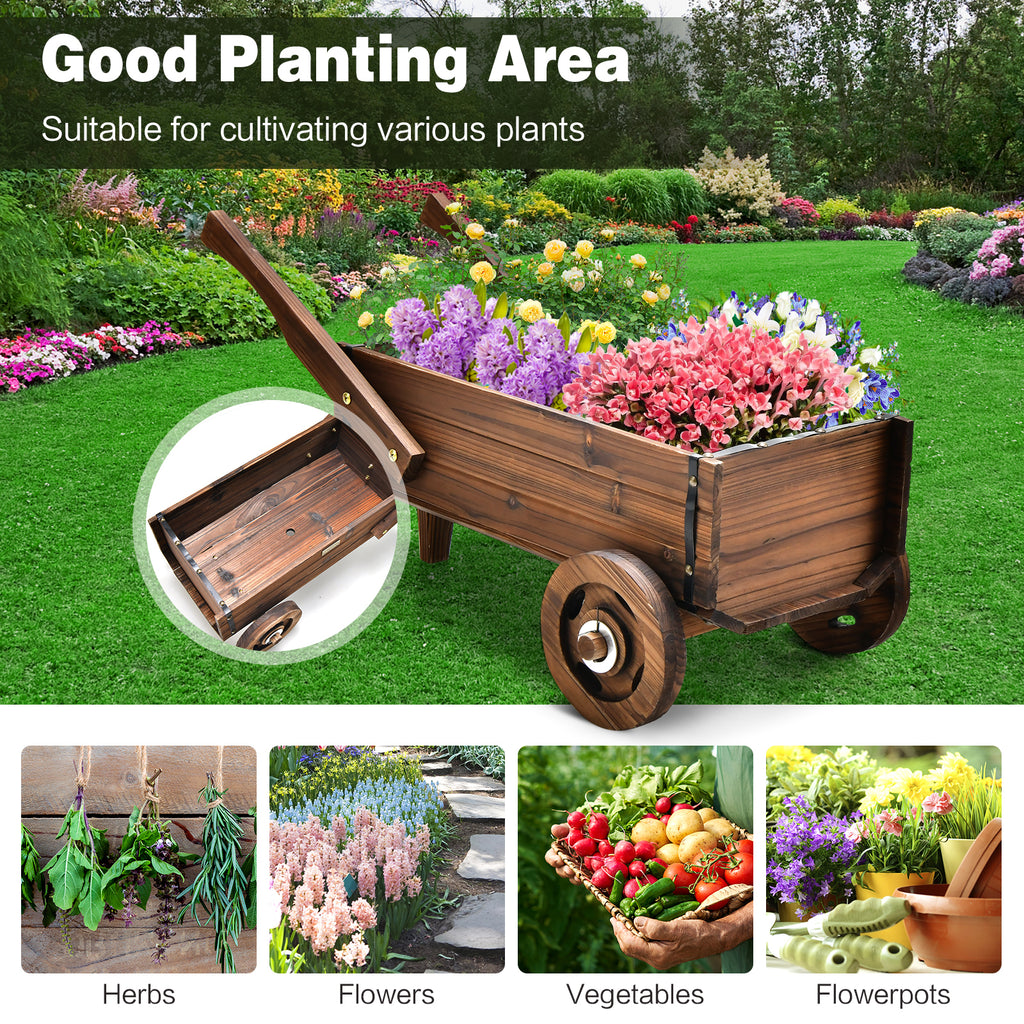 Wooden Wagon Planter Box with Wheels - Rustic Brown