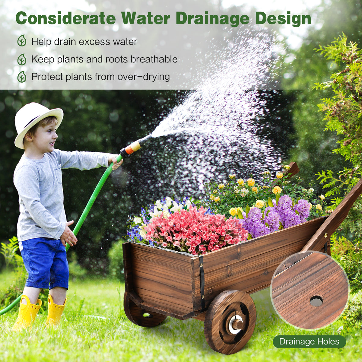 Wooden Wagon Planter Box with Wheels - Rustic Brown