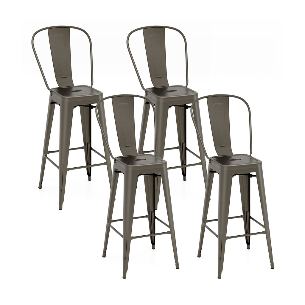 Set of 4 Bar Height Stackable Stools with Backrest - High Back, Gun