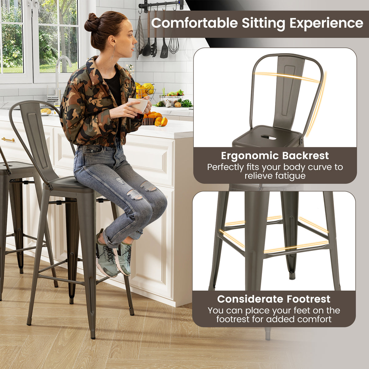 Set of 4 Bar Height Stackable Stools with Backrest - Gun Metal