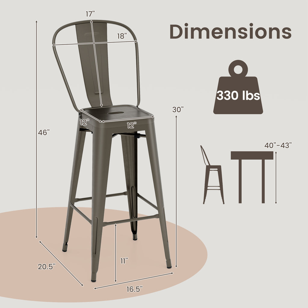 Set of 4 Bar Height Stackable Stools with Backrest - High Back, Gun