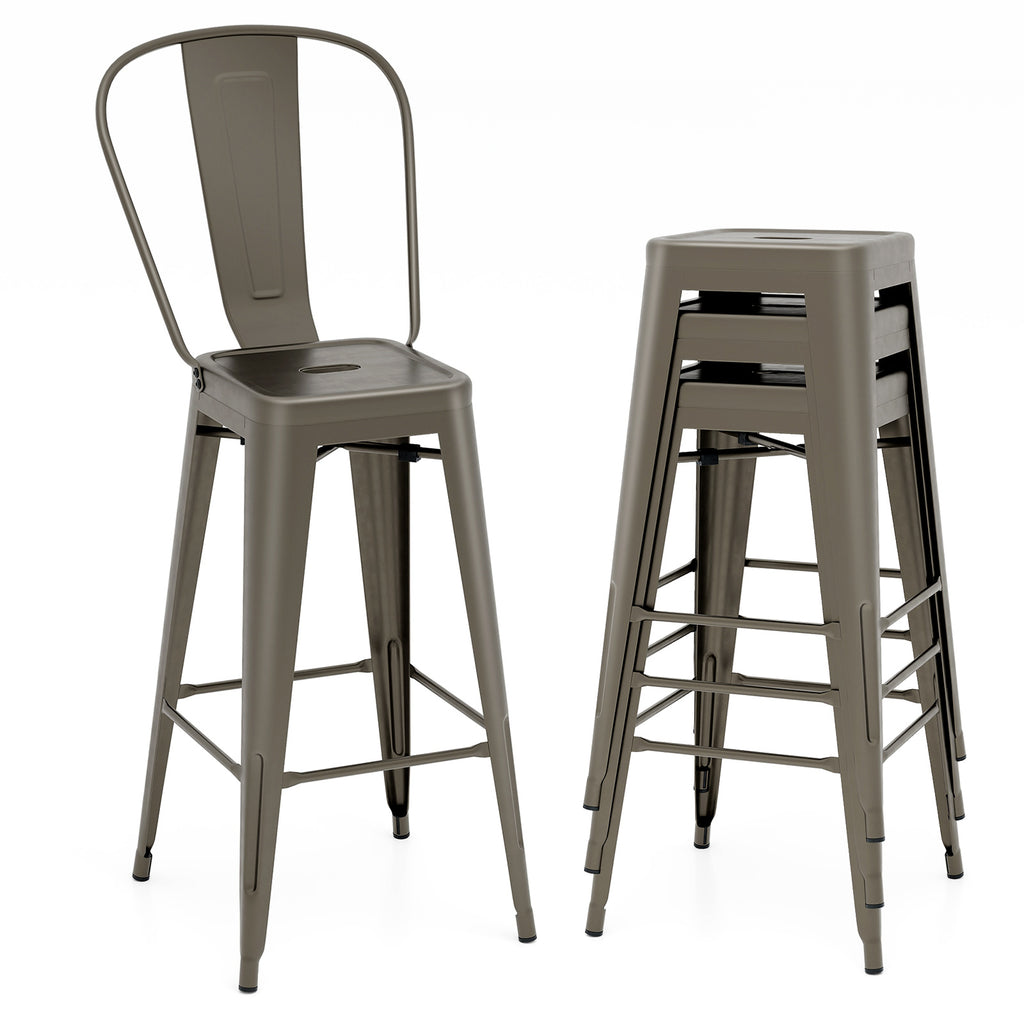 Set of 4 Bar Height Stackable Stools with Backrest - Gun Metal