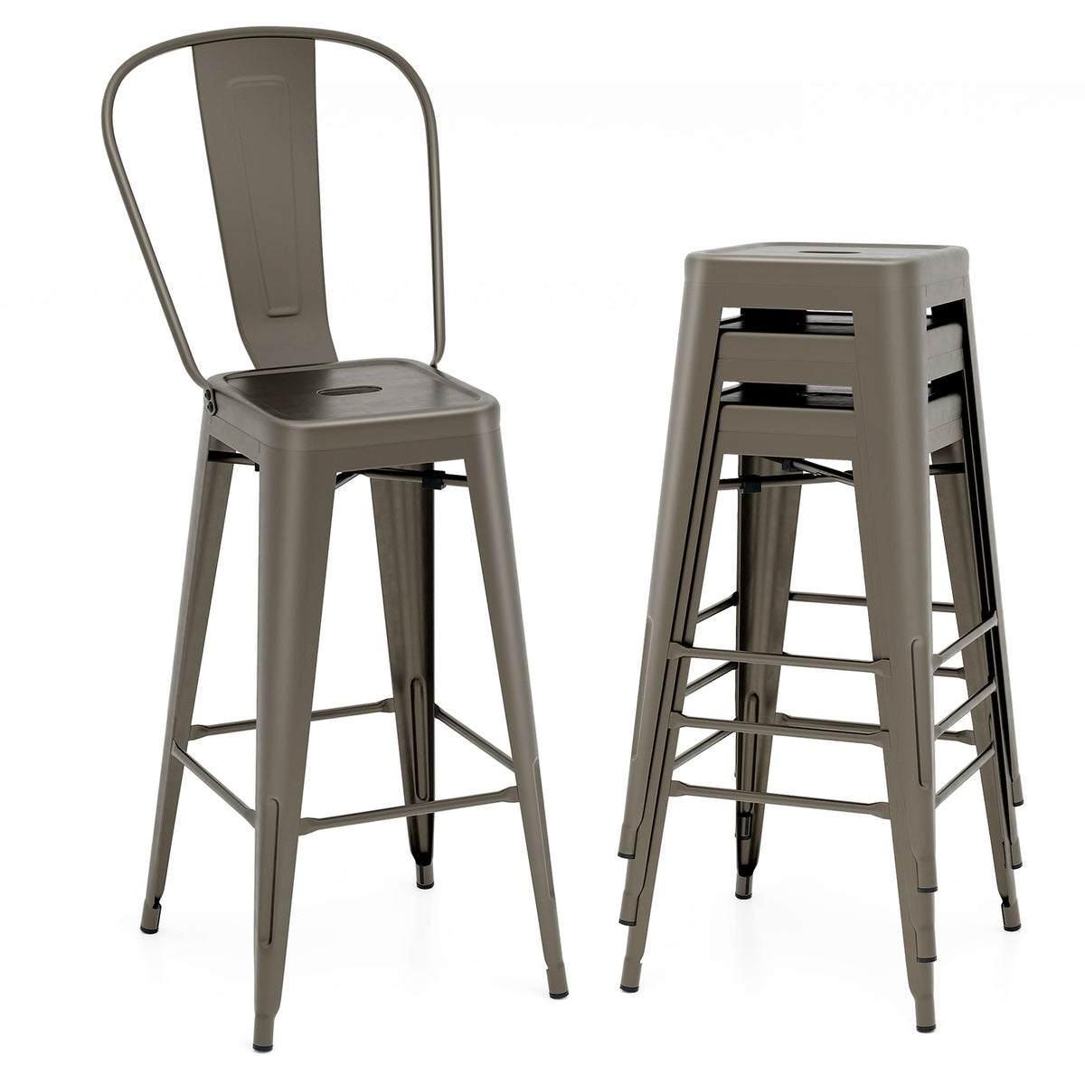 Set of 4 Bar Height Stackable Stools with Backrest - Gun Metal