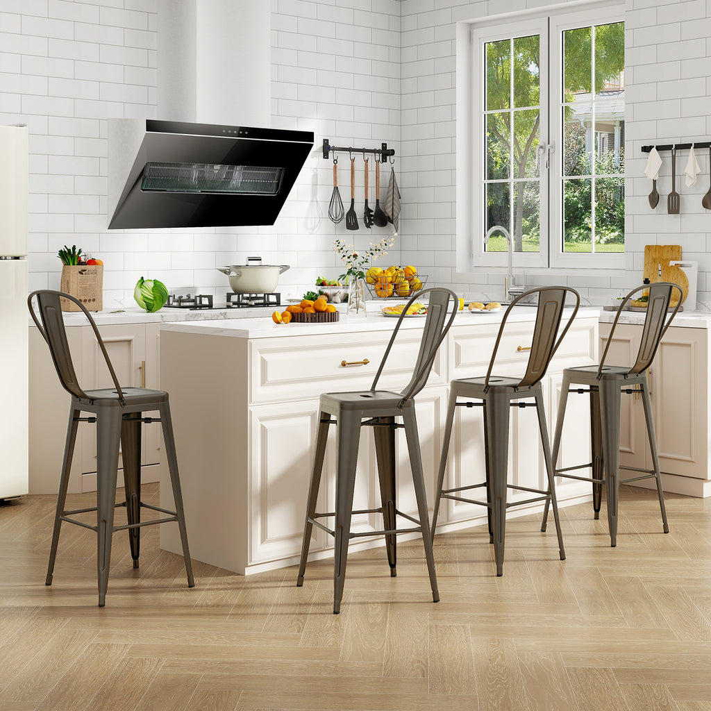 Set of 4 Bar Height Stackable Stools with Backrest - High Back, Gun