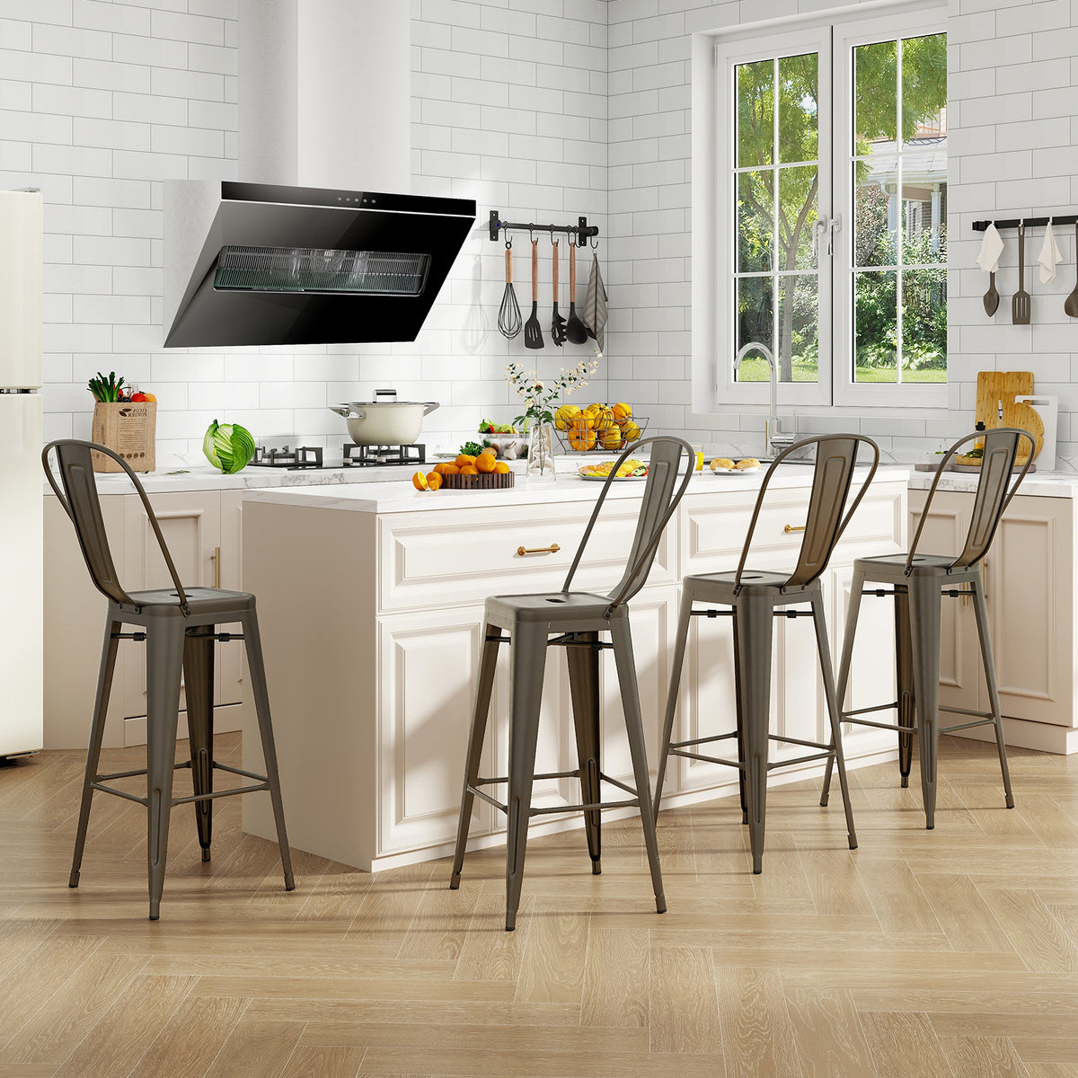 Set of 4 Bar Height Stackable Stools with Backrest - High Back, Gun