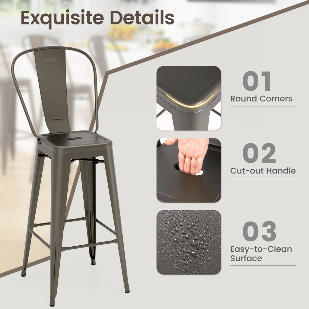 Set of 4 Bar Height Stackable Stools with Backrest - High Back, Gun