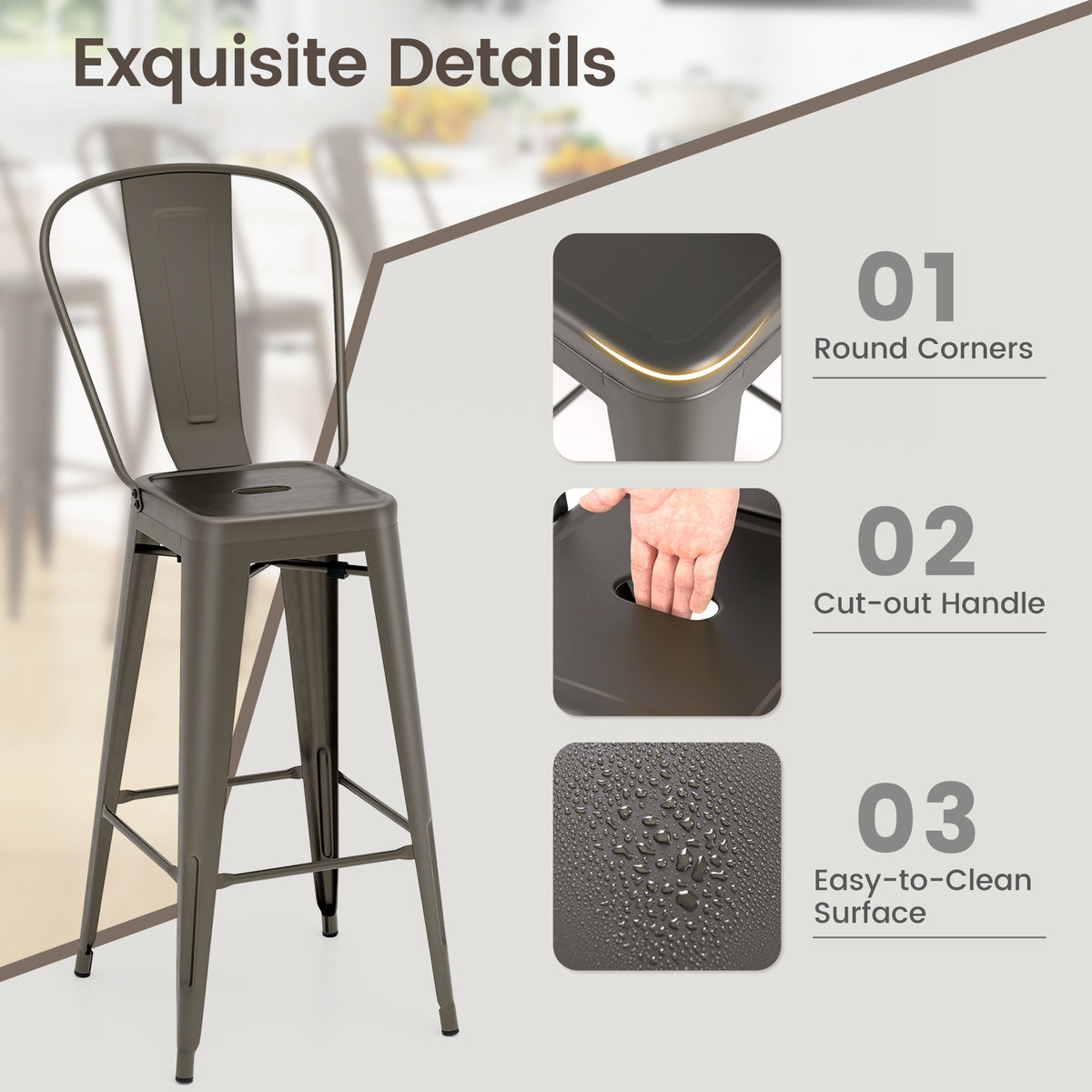 Set of 4 Bar Height Stackable Stools with Backrest - High Back, Gun
