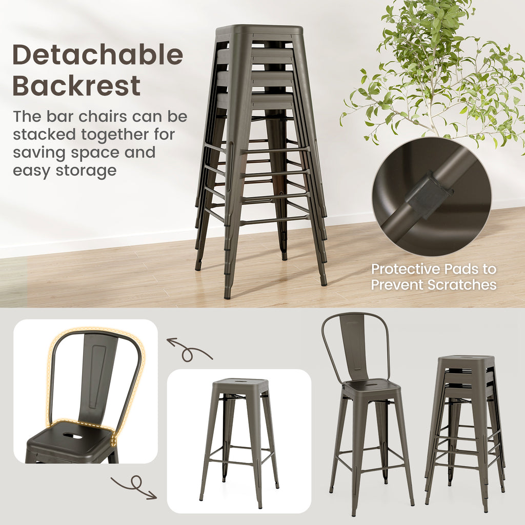 Set of 4 Bar Height Stackable Stools with Backrest - High Back, Gun
