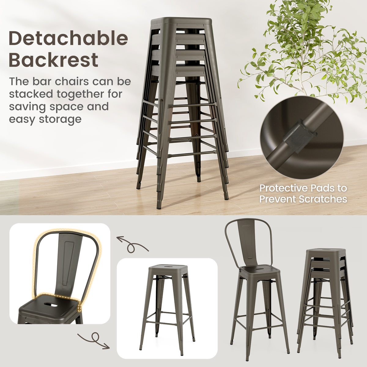 Set of 4 Bar Height Stackable Stools with Backrest - High Back, Gun