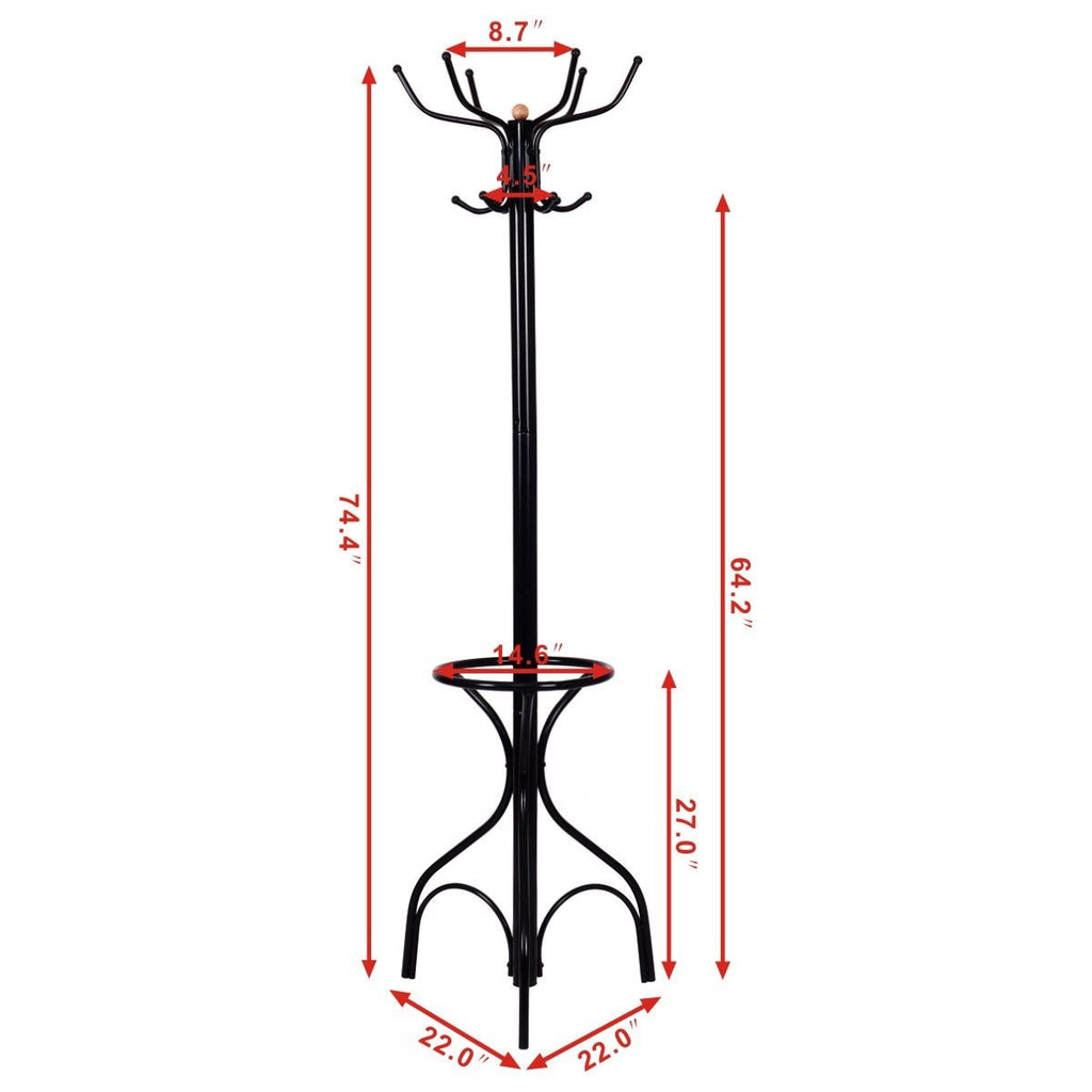 Metal Coat Tree Stand - 12 Hooks, Vintage Design