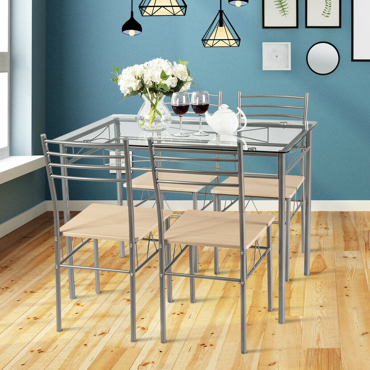 Glass Dining Set with 4 Chairs – Silver Frame