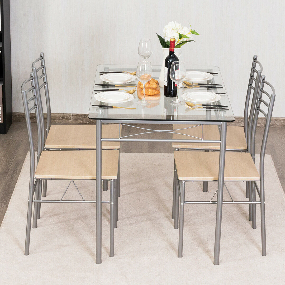 Glass Dining Set with 4 Chairs – Silver Frame