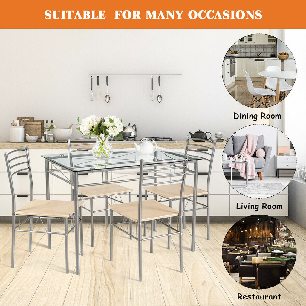 Glass Dining Set with 4 Chairs – Silver Frame